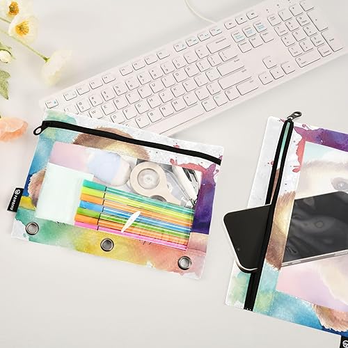Miniatura 4 de Lindas bolsas de lápices con diseño de perezoso de acuarela, paquete de 2 estuches con cremallera para carpetas de 3 anillos con ventana de PVC