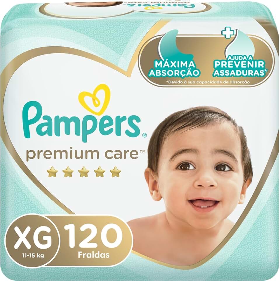 Fralda Descartável Pampers Premium Care – Tamanho XG, 120 Unidades – Proteção Suave com ajuste flexível e respirável, Ajuda a Prevenir Assaduras em seu Bebê, com Loção Hipoalergênica