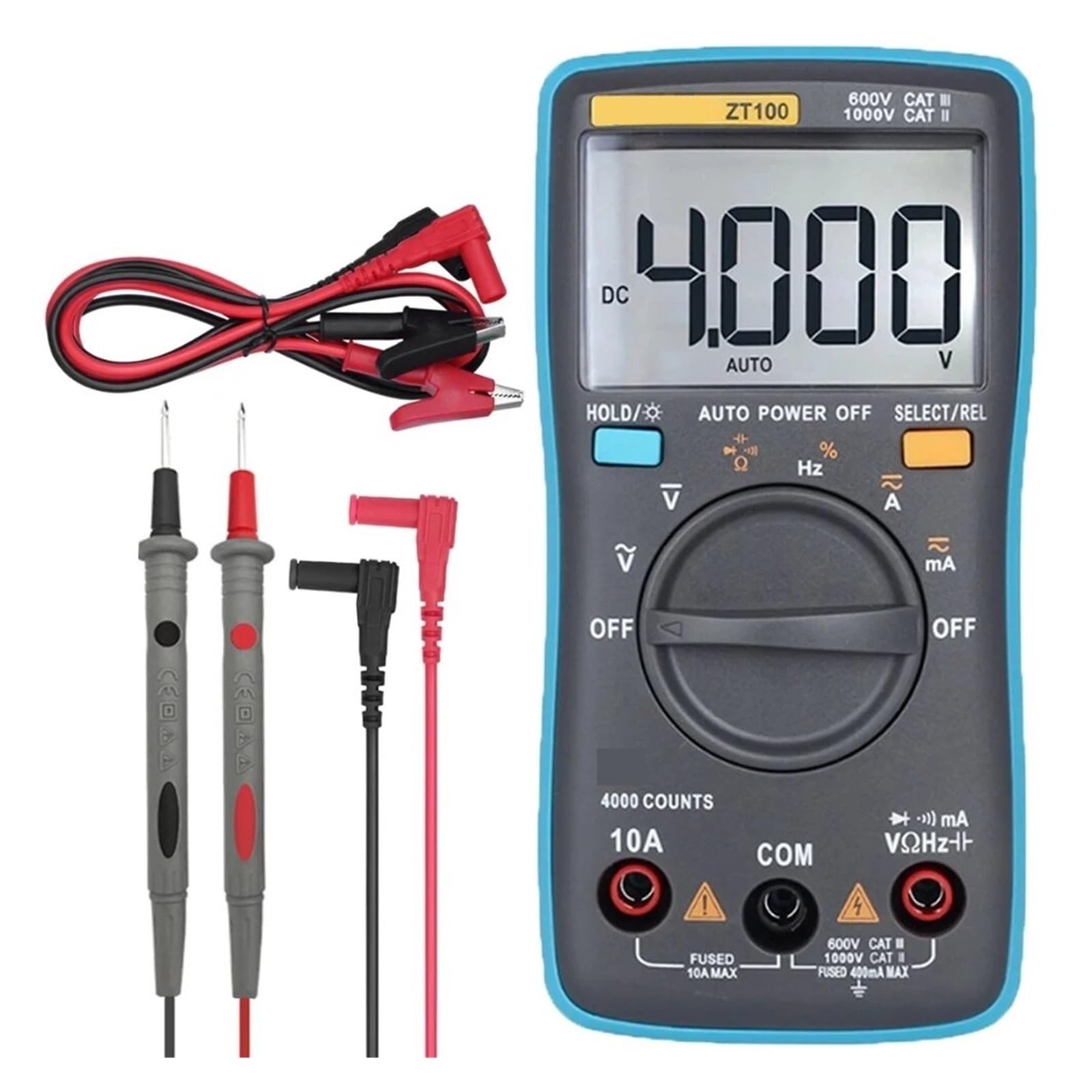 Multimetr Cyfrowy 4000 Zliczeń Napięcie DC/AC Prąd Pojemność Hz Dioda Ohm Tester Amperomierz Woltomierz Podświetlenie Szybko Dokładnie Łatwy Odczyt(ZT100 with T1101)
