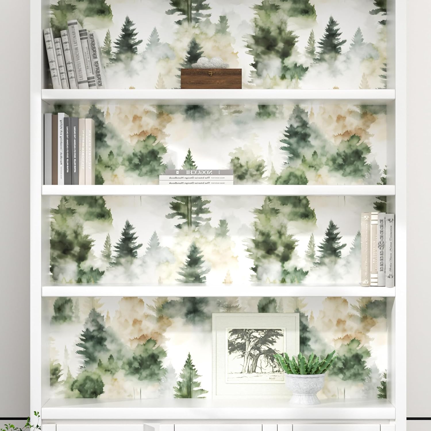 Foggy Forest Wallpaper Peel and Stick 17.4" x 393" Misty Woodland Green/Yellow Trees Contact Paper Waterproof Self-Adhesive Wall Paper for Bedroom Countertop Desk Cabinets Decor Renter Friendly