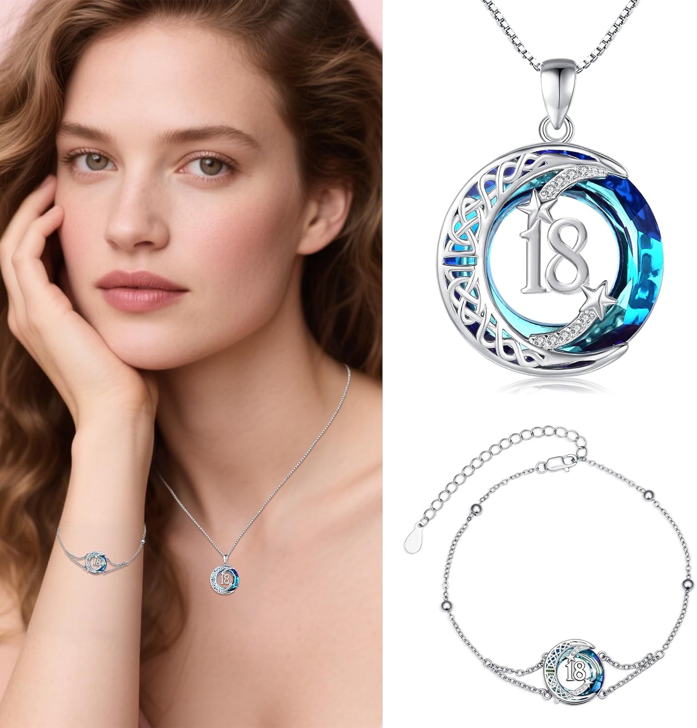 JUSTKIDSTOY Birthday Gifts for Women Girls 925 Sterling Silver Celtic Moon Star Necklace with Blue Crystal Pendant Jewelry for Sister Friends - Image 6