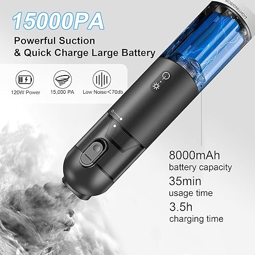 Miniatura 5 de Aspiradora de mano inalámbrica para automóvil, aspiradora portátil de 15000 PA con luz LED y filtro HEPA, soplado y succión 2 en 1 pequeño limpiador