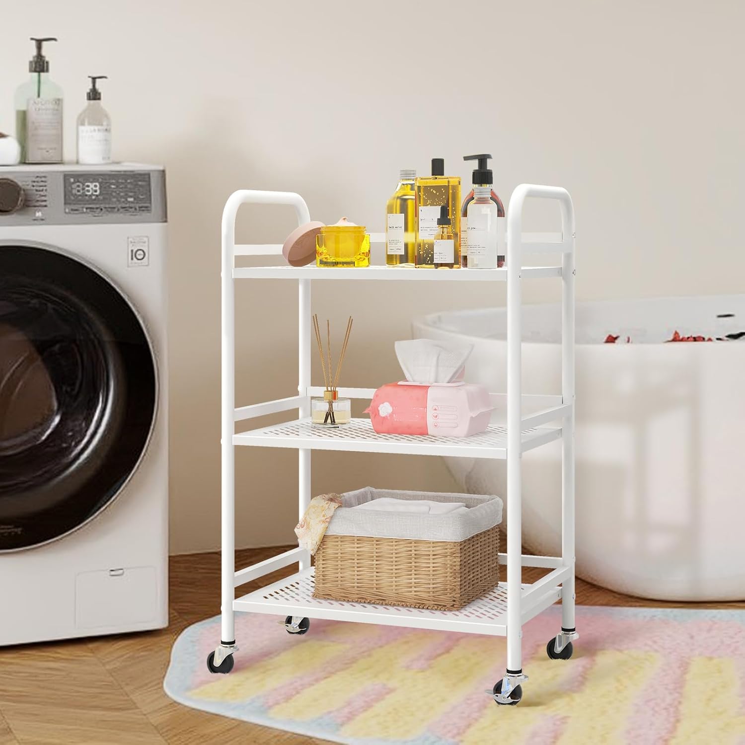 HDANI 3 Tier Rolling Cart,Heavy Duty Multifunctional Metal Frame-Supports 22 Lbs Per Tier,Rolling Cart with 2 Lockable Wheels for Office,Home,Bedroom,Kitchen,Bathroom (White)…