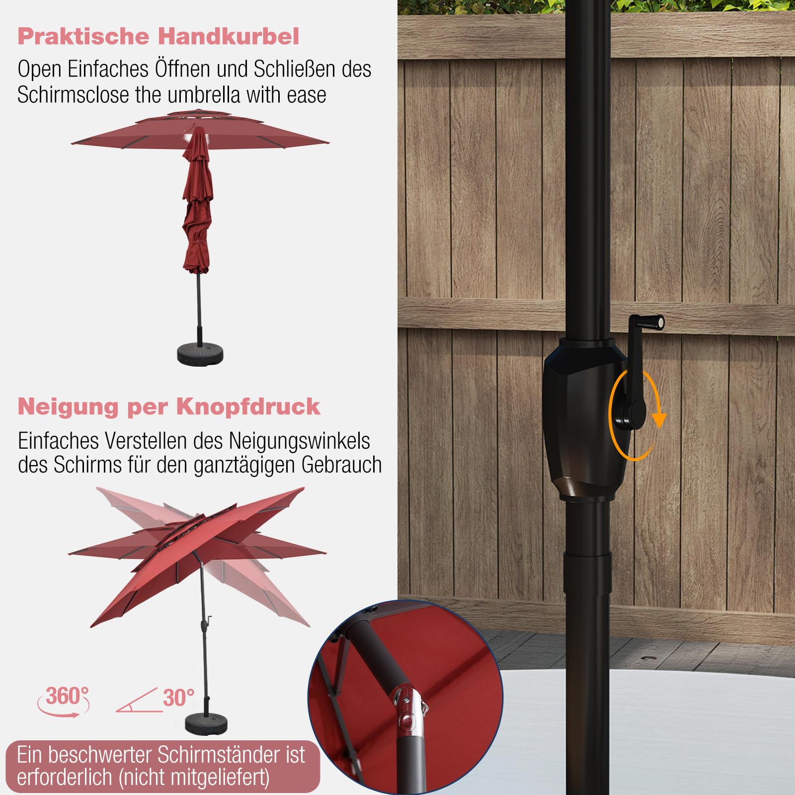 COSTWAY Sonnenschirm windfest stabil, 300 cm Gartenschirm mit Kurbel, beidseitig um 30° knickbar, UV-Schutz, Terrassenschirm belüftet, Marktschirm für Terrasse, Garten, Balkon (Weinrot)