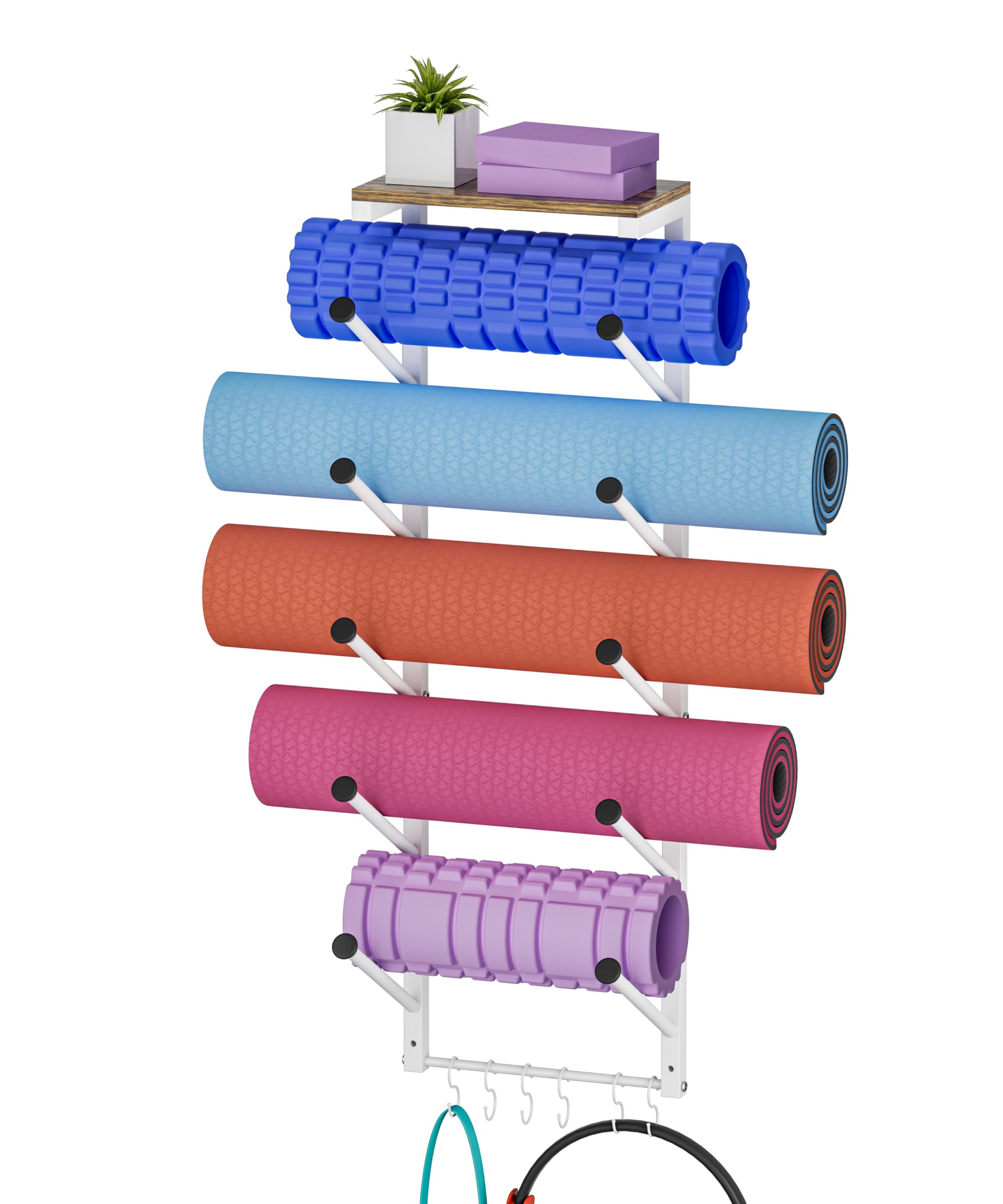 WAALIJI 5 Tiers Yoga Mat Holder Rack Wall Mount with 6 Hooks for Hanging Accessory Yoga Strap Foam Rollers Resistance Bands, Yoga Mats Organizer with