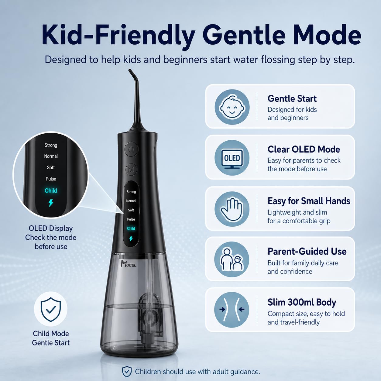 MOCEL Idropulsore dentale senza fili per denti, 300 ml, portatile, con display OLED e modalità bambino, 5 impostazioni di pressione, 6 punte, USB-C, impermeabile IPX7, bretelle e assistenza familiare