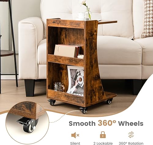 Miniatura 5 de Tangkula Mesa auxiliar en forma de C mesa auxiliar pequeña para sofásofá con compartimento trasero de 3 niveles ruedas con frenos mesita de noche