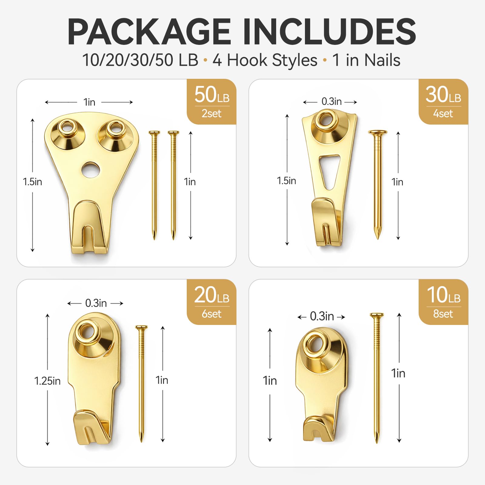 Kit di ganci per appendere quadri, ganci (50 30 20 4,5 kg) e chiodi, per appendere quadri, foto, specchi per cartongesso, legno, pareti a secco