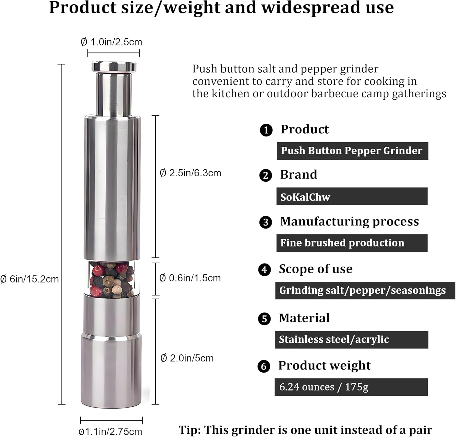 One handed seasoning spice mill gadgets, push button salt and pepper grinder, Solid Stainless, 1 Pcs or Buy more, silver