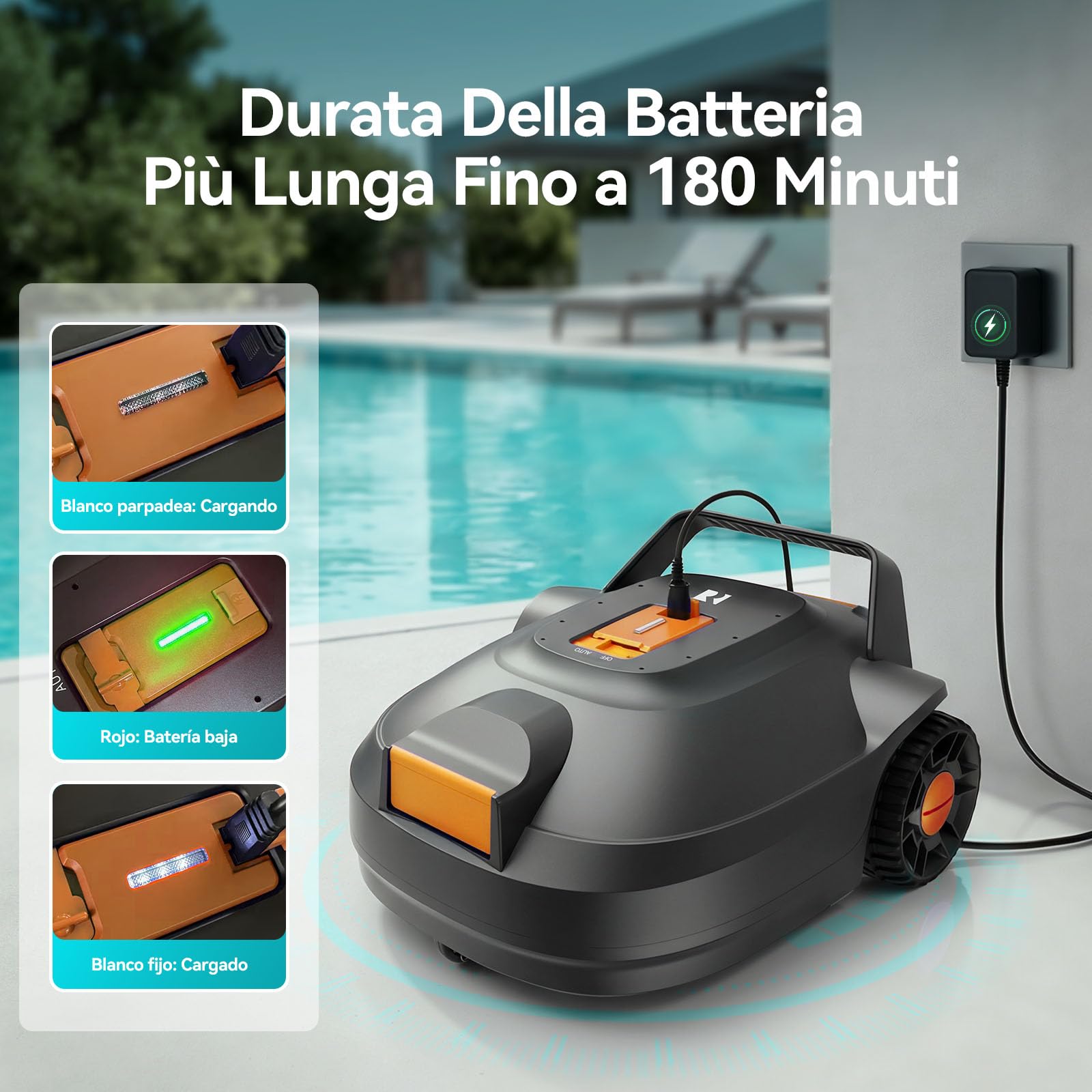 Redkey S200 Robot Piscina Senza Fili, 180 Min Autonomia, Doppi Motori, Doppia Aspirazione, Parcheggio Automatico, Robot Piscine Fuori Terra a Fondo Piatto fino a 100 m²