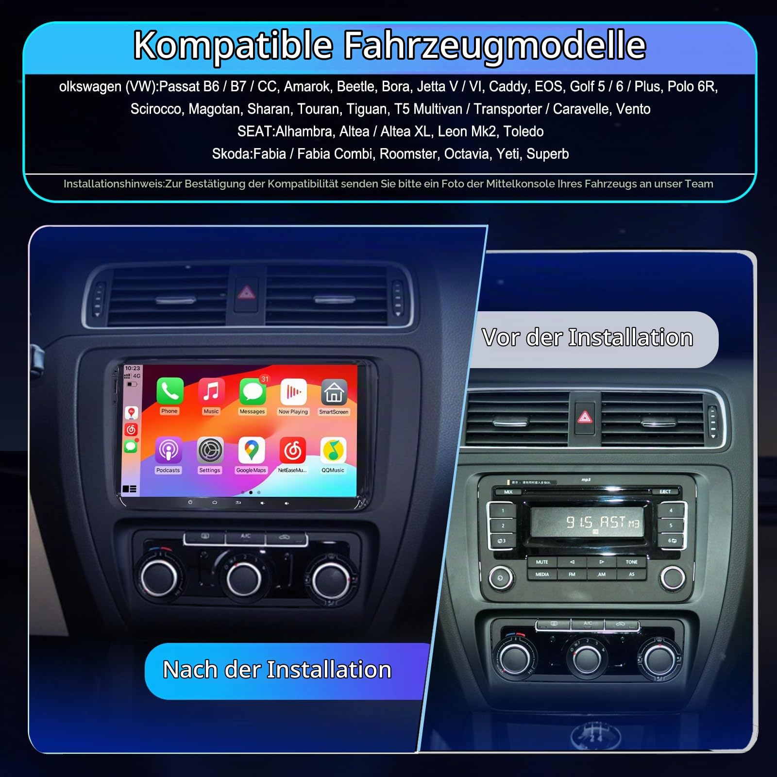 DAB+ Autoradio für VW Golf 5 6 T5 Polo Sharan Passat Tiguän,[Android 15.0 4GB+64GB 2.0Ghz] CAWELL Doppel DIN Radio mit 4G/Navi/BT/DSP 9 Zoll VW Radio mit DAB