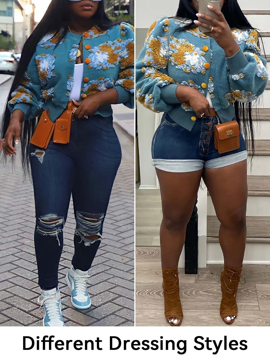 HOULENGS Women's Cropped Floral Print Fleece Bomber Jacket Casual Puff Sleeve Button Down Coats Winter Warm Outerwears - Image 5