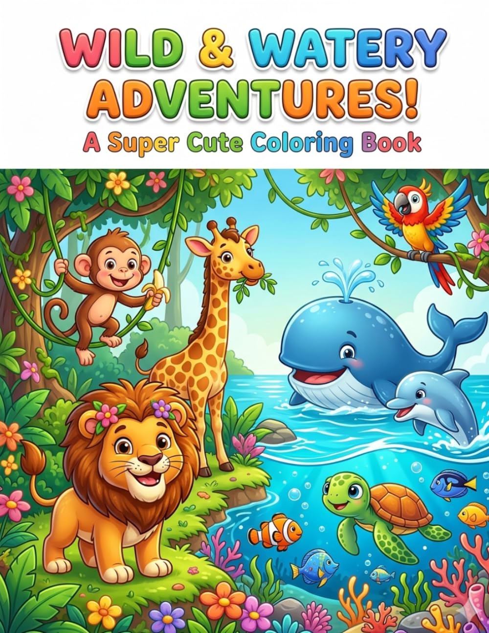 Jungle and Ocean Animals Coloring Book for Kids: Fun Mixed Animal Coloring Pages with Big Simple Designs for Toddlers