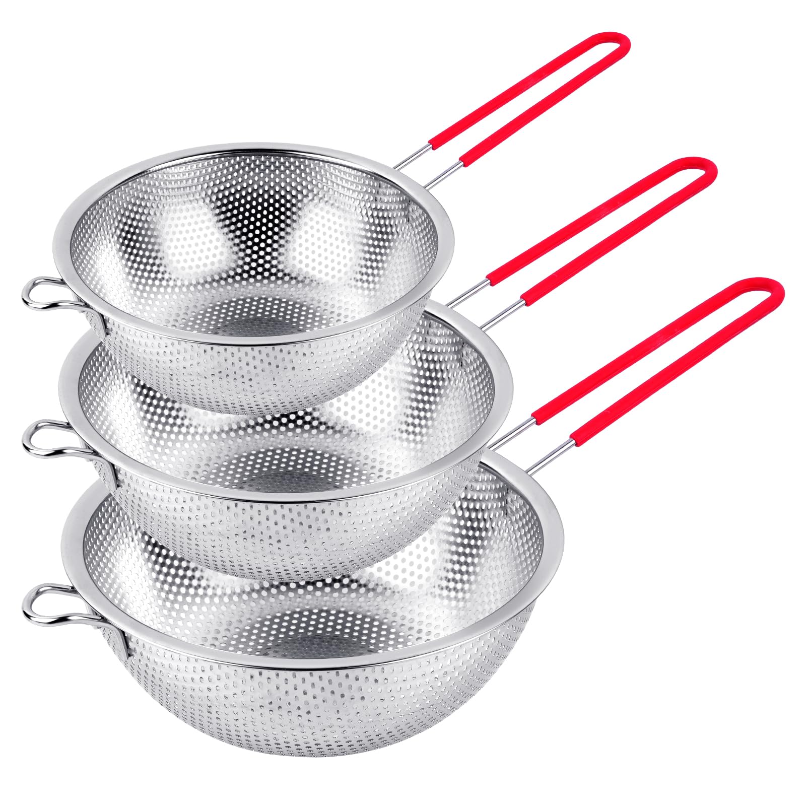 CAIYUANGUANGJIN 3Pcs Stainless Steel Colander 16.5/19.5/22.5cm, Micro-Perforated Mesh Sieve with Silicone Handle, Dishwasher Safe Kitchen Strainer for Draining Pasta Rice Vegetables Fruit