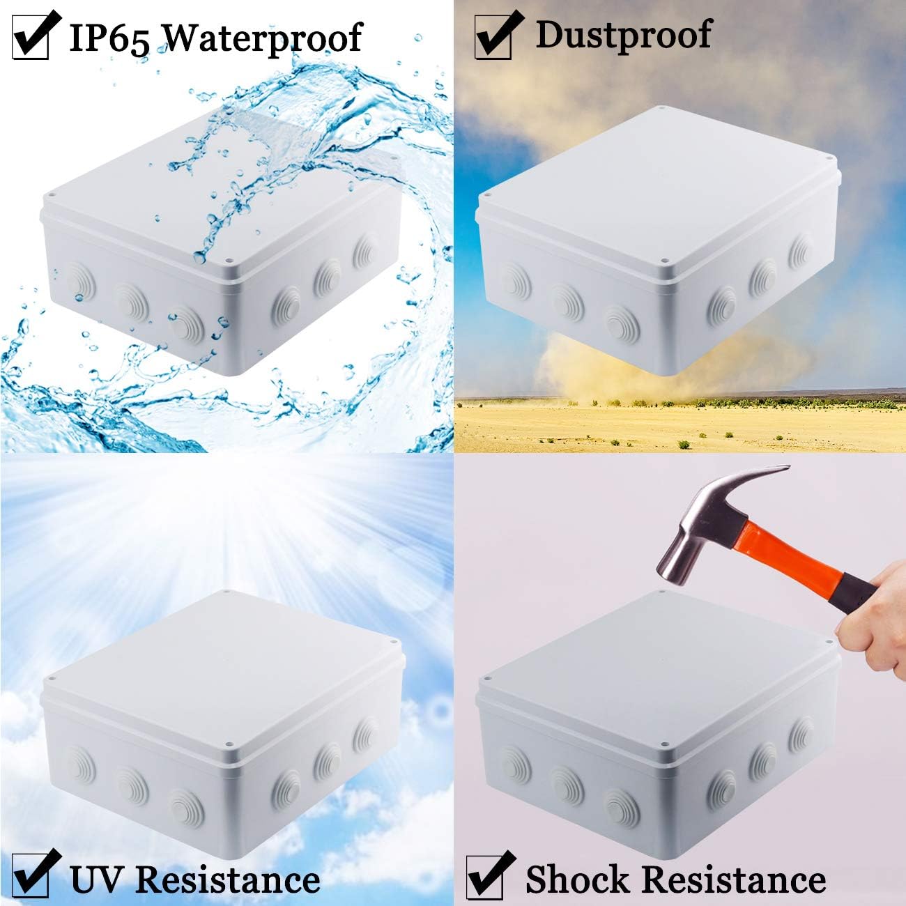 Sunnyglade ABS Plastic Electrical Junction Box IP65 Waterproof Universal Outlet Box Durable Outdoor Electrical Gang Box White （11.8 x 9.8 x 4.7 inch）