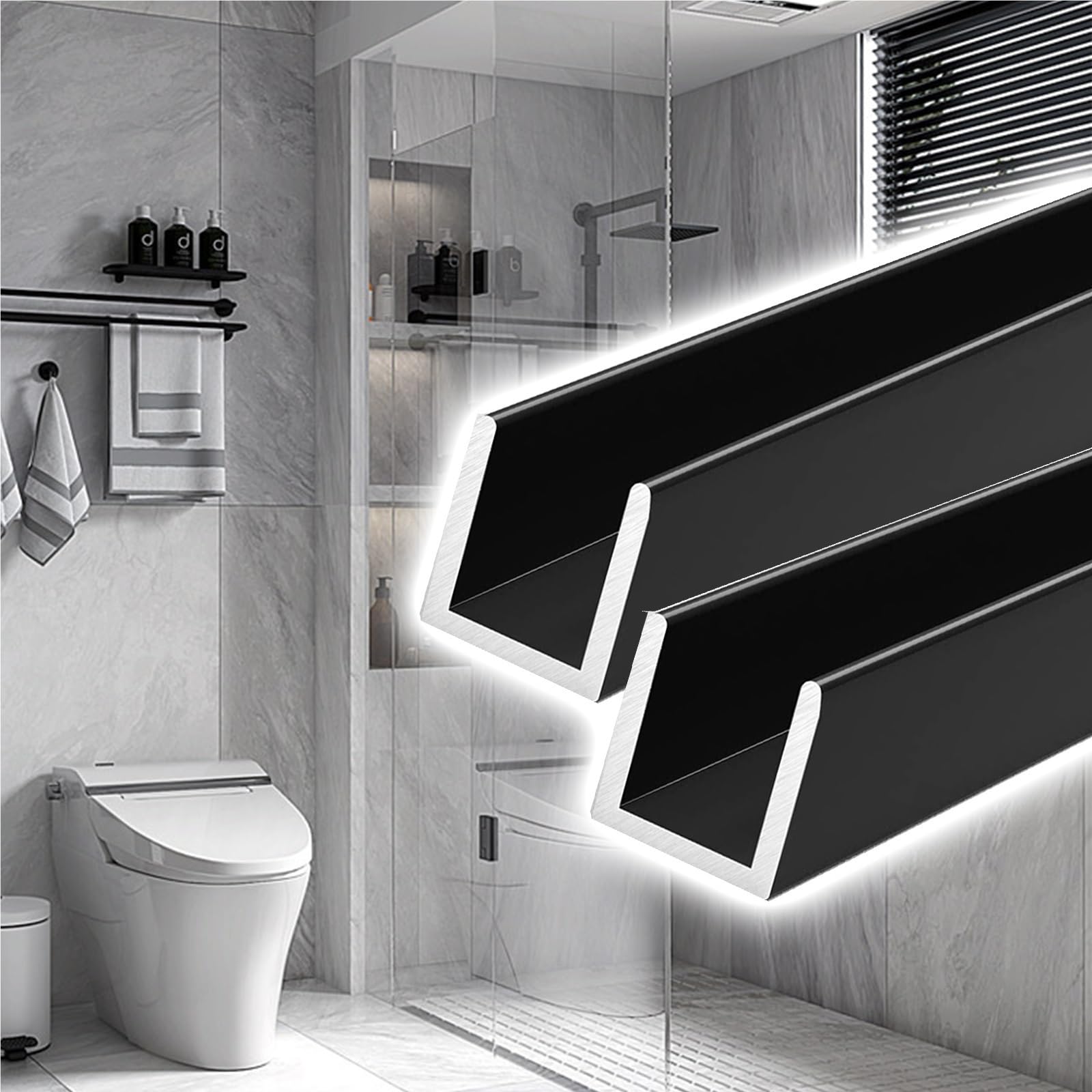 YLLFFLL Set of 2 Glass Shower Deep Channel, U- Type Frameless Glass Panel Track for Room & Balcony Barrier, Aluminum Wall Floor Ceiling Mount Profile(Black-12mm,L-2.3m(7.5FT))