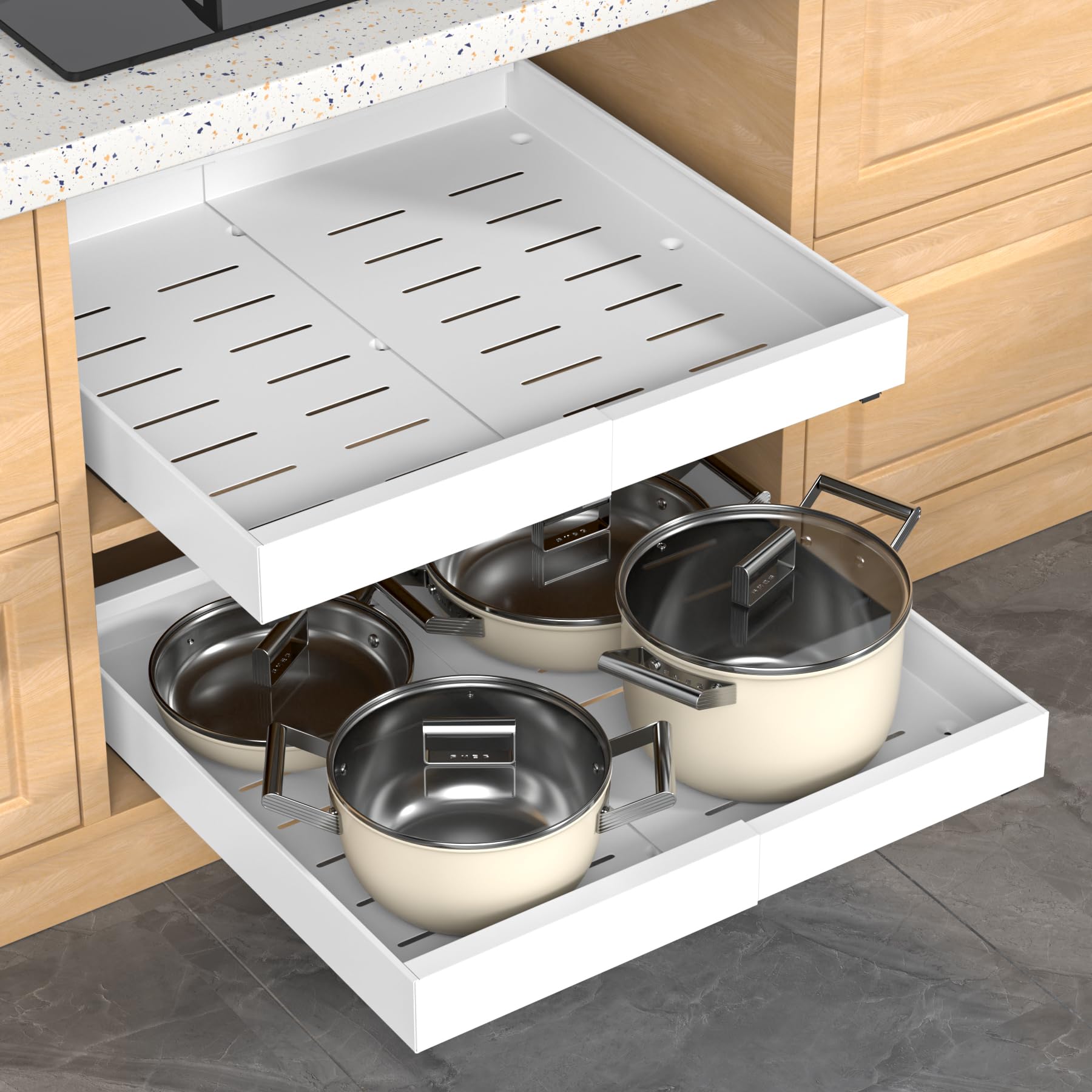 2 Pack Expandable Pull Out Cabinet Organizer, 21"Deep Slide Out Drawer with Nano Adhesive, Upgrade 3 Slide Rails Roll Out Shelf for Kitchen, Pantry or Bathroom, Adjustable Width 12.4"-20.2"