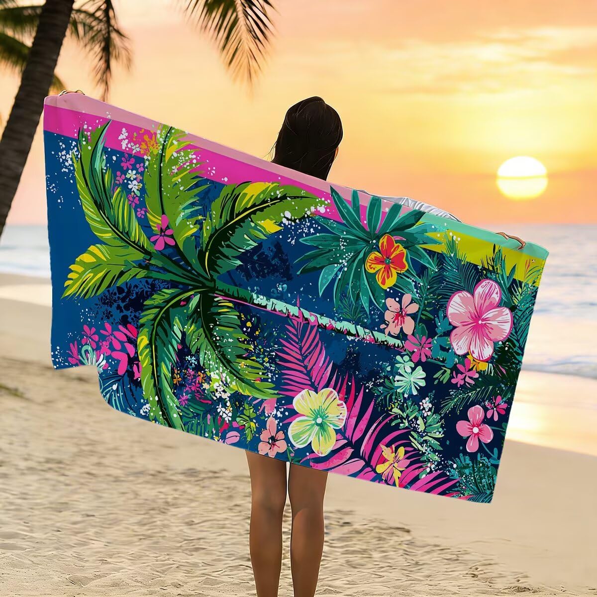 Ręcznik plażowy z mikrofibry, duży ręcznik kąpielowy 100 x 220 cm, zestaw 2 szt. szybkoschnących prześcieradeł kąpielowych w kwiaty, odporny na piasek ręczniki plażowe z mikrofibry do podróży