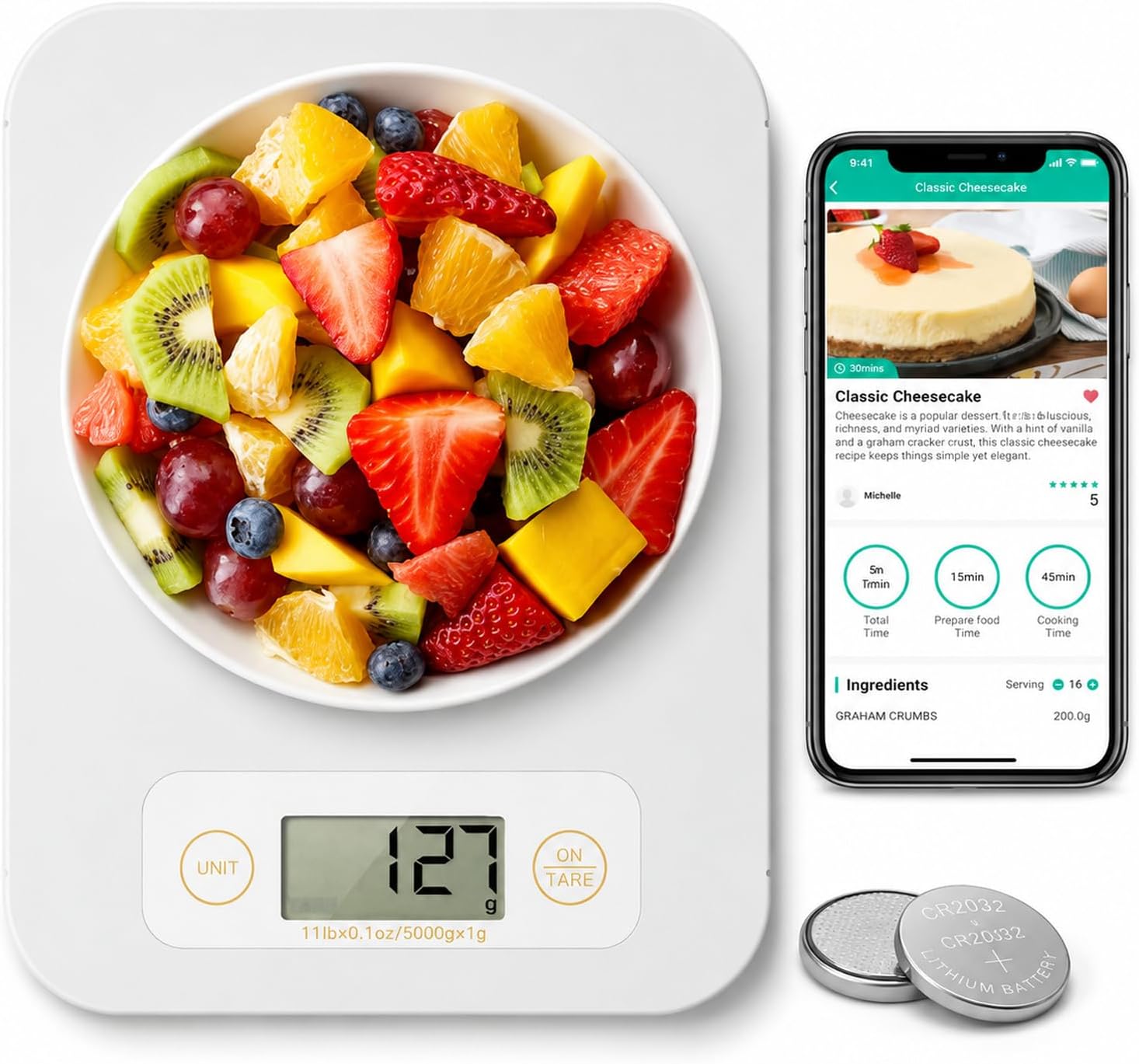 URAMAZ (White) - Smart Food Scale - Bluetooth Digital Kitchen Scale with Nutritional Calculator, Food Cooking Scale with Smartphone APP for Keto, Macro, Calorie, Weight Loss