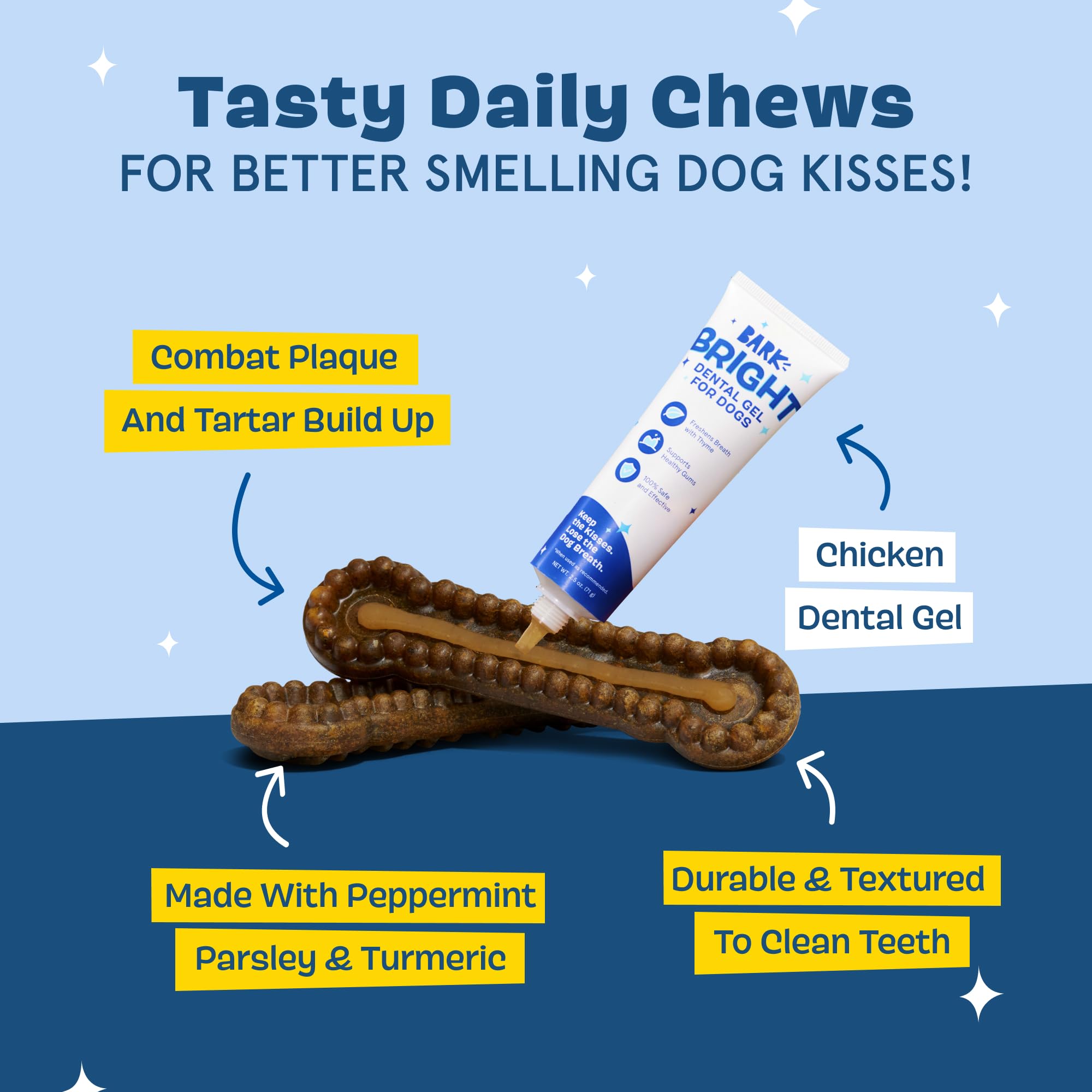 Bark Bright - Kit de masticables dentales duraderos - Kit de cepillado de dientes de perro con masticables de limpieza de dientes y pasta de dientes - Removedor de placa y sarro para dientes más