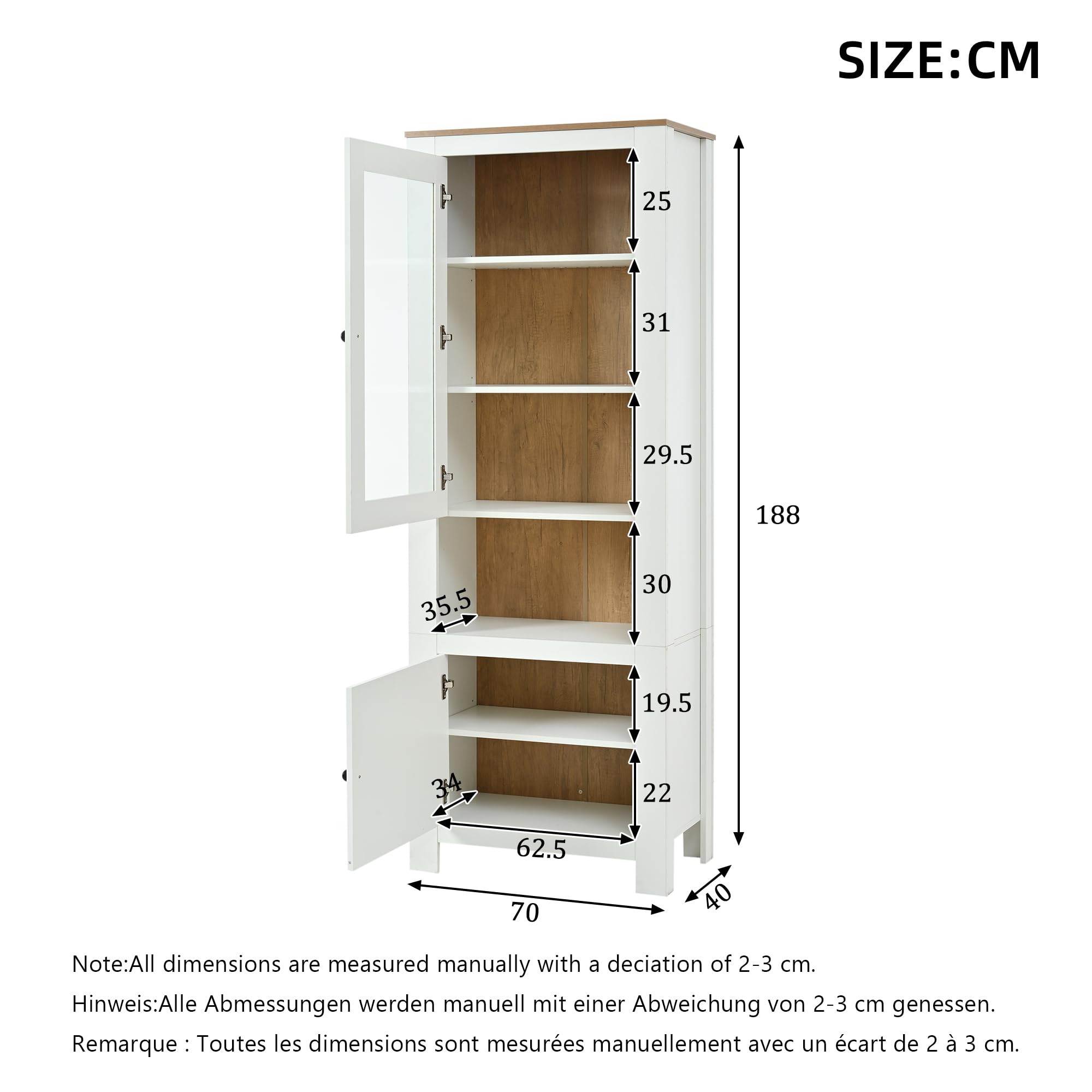 MURUL Armario alto, 70 x 40 x 188 cm, vitrina con 2 puertas, seis estantes, pared trasera en imitación de madera natural, estantes ajustables, vitrina de cristal con LED, color blanco + madera natural