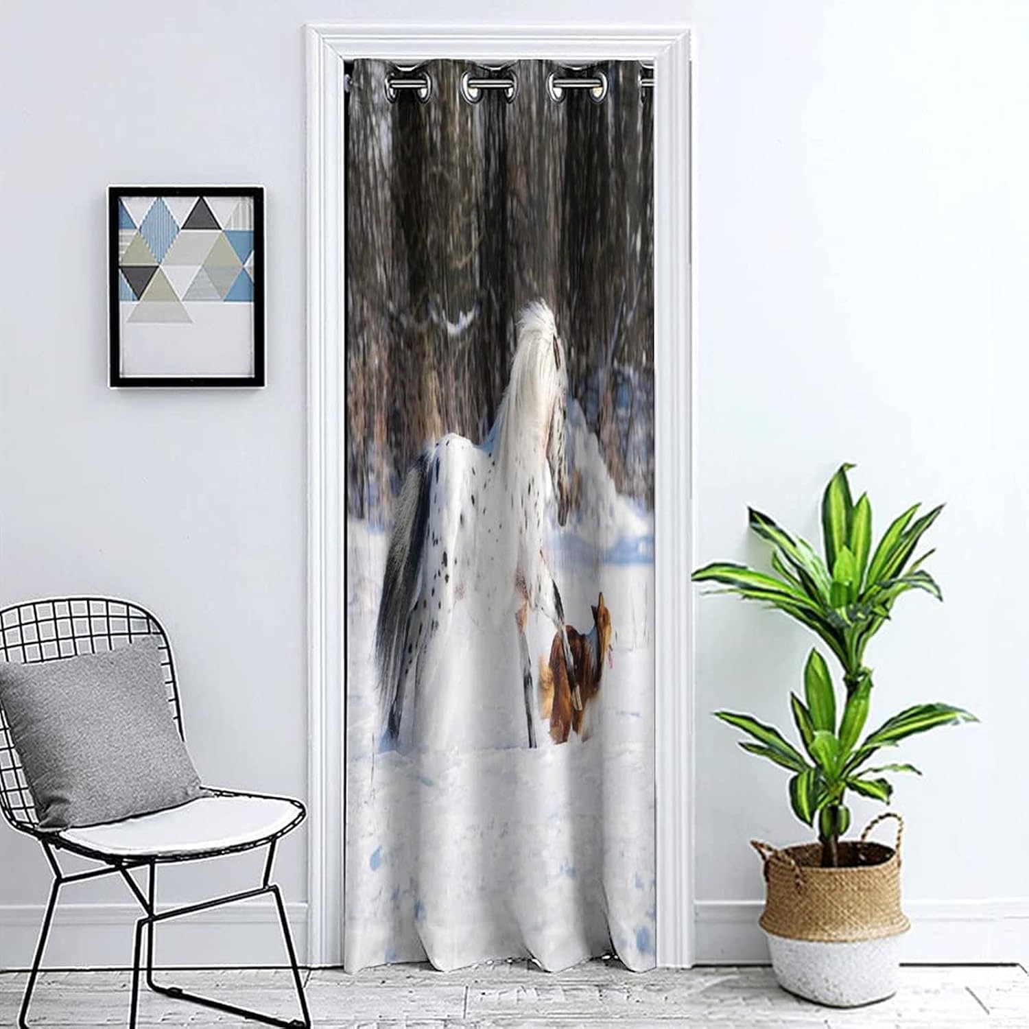 Doorway Curtain Panel Room Divider Solid Blackout Curtains, Horses Grommet Drapes Darkening Window Treatment, Appaloosa Pony and Sable Border Collie in Winter Print Door Curtain, 1 Panel,42 x 96 inch