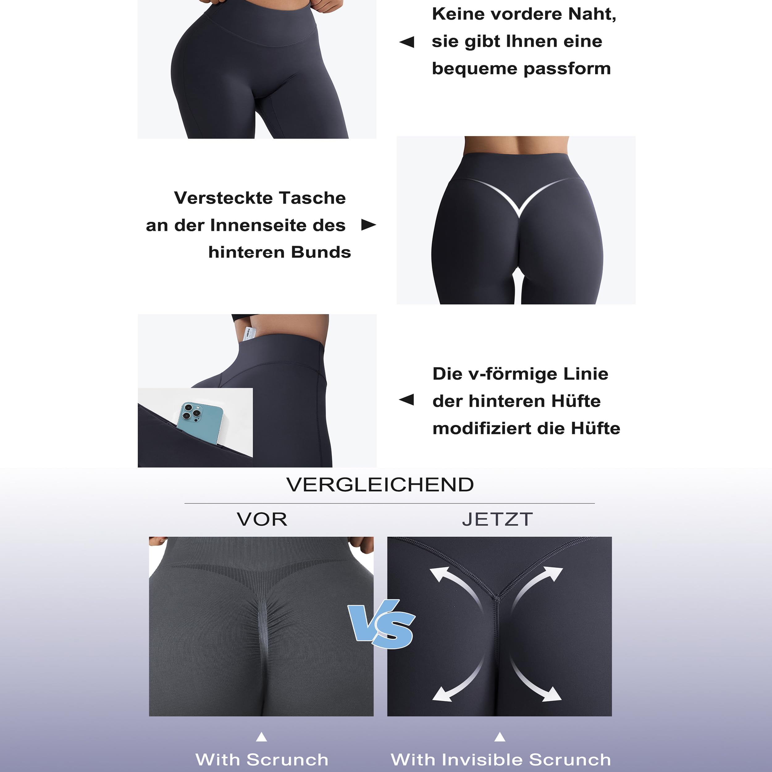 RXRXCOCO Damen Invisible Scrunch Butt Gym Sport Leggings High Waist Yoga Legging Booty Workout Leggings Booty Lifting Po Push Up Sporthose mit Taschen