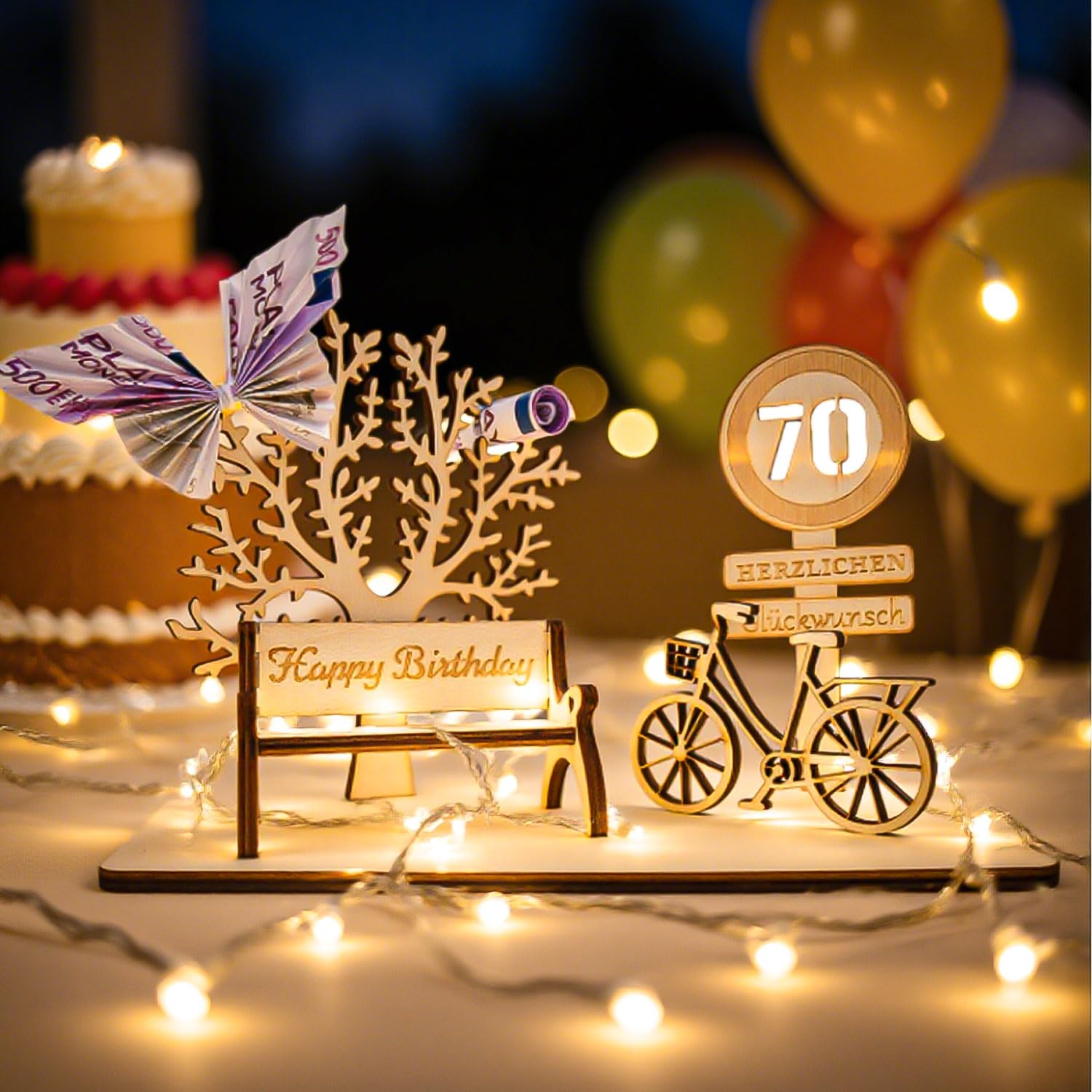 OIOYCLG Geldgeschenk Geburtstag Holz, deko 70 Geburtstag mit LED Lichterkette Dreidimensionale lebensbaum holzzahlen,Fahrrad für Weihnachten,Partys, Geburtstage, Jubiläum,Adventskalender