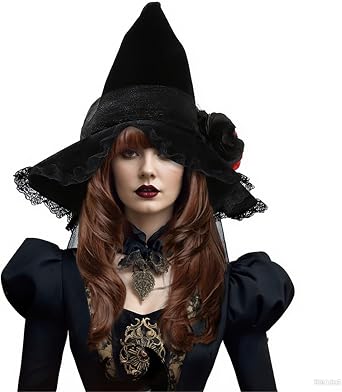 YOWOCAL Gothic Witch Headband with Rose Lace, Velvet Wide Brim Pointed Hat, Baroque Queen Costume Accessory for Masquerade