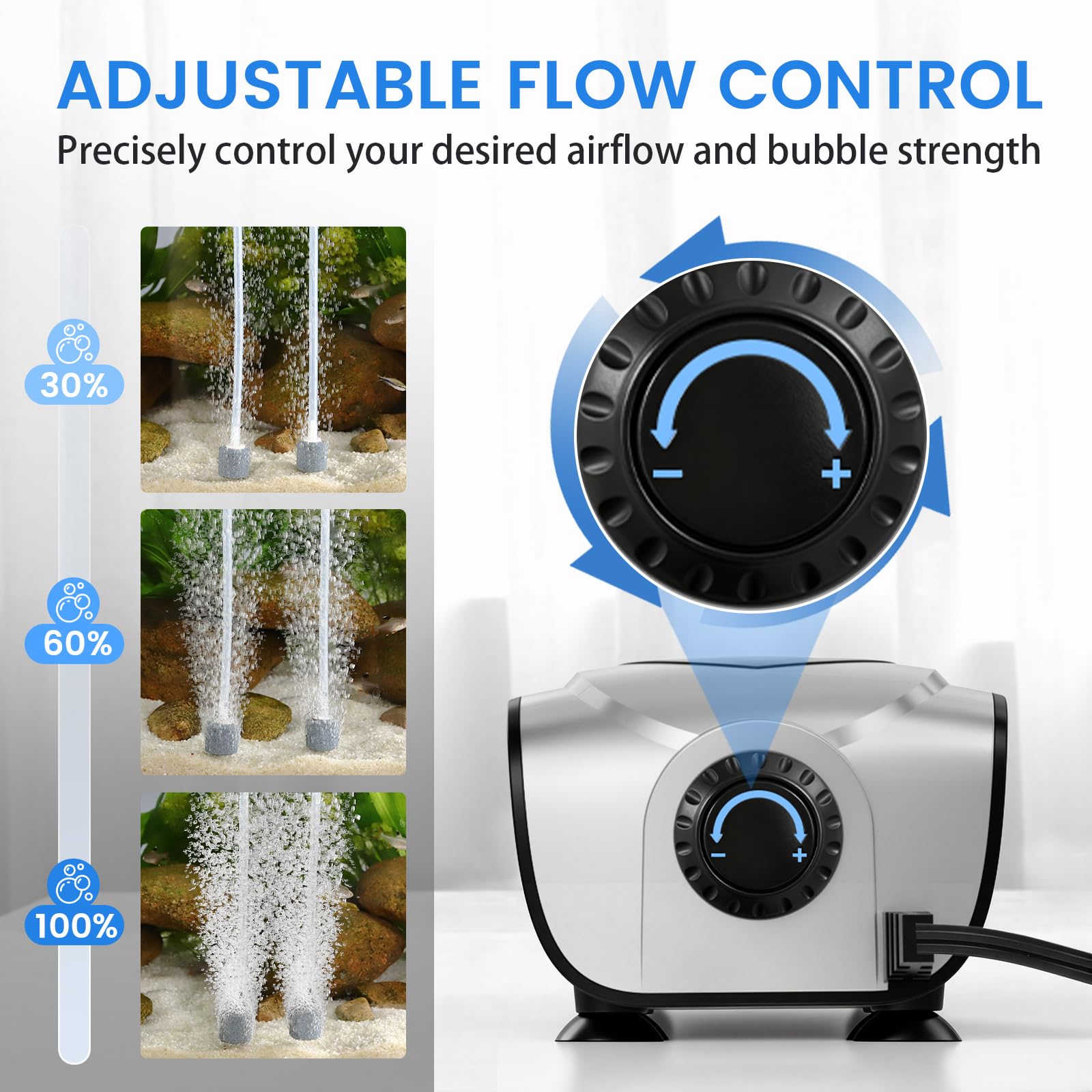 Pompe à air silencieuse 3 W/5 W pour aquarium – Petite et puissante pompe à air à double sortie, pompe aérateur d'oxygène réglable avec kit de bulles pour aquariums de 1 à 600 L (argent