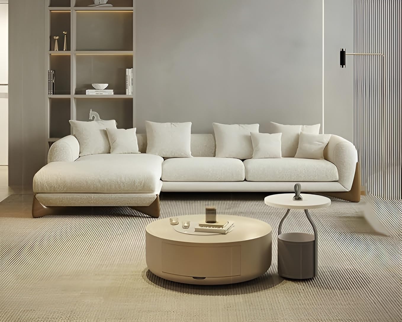 L-Shaped Sectional Sofa with Chaise, Boucle Fabric Upholstery, Wooden Base, Modern Style Right Hand Facing for Your Living Room (RHS Beige Boucle)-image-10
