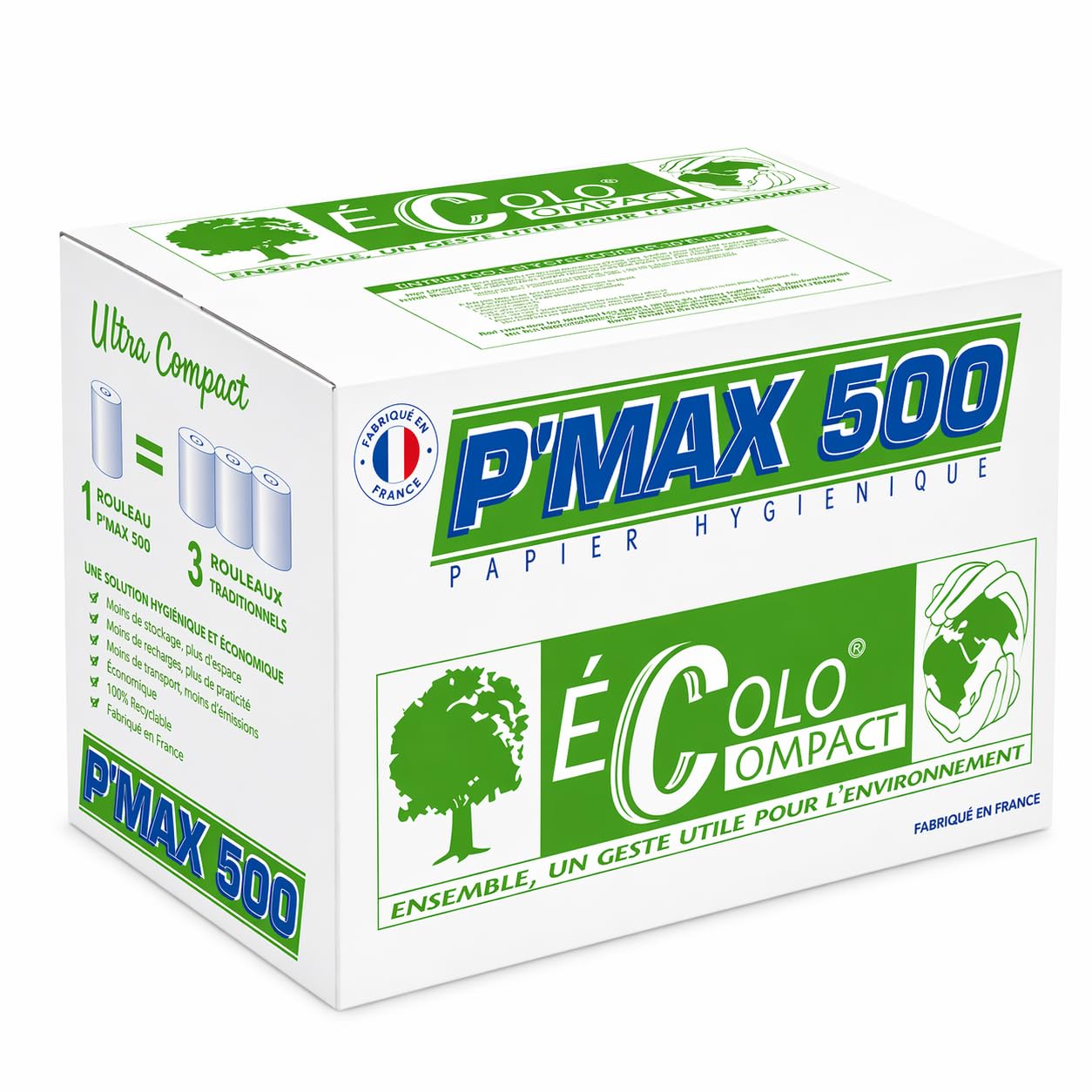 36 Rouleaux = 108 Rouleaux Traditionnels Papier Toilette, P'Max 500, 100% Ouate de Cellulose Blanche, Ultra Compact, 2 Plis, 500 Feuilles,