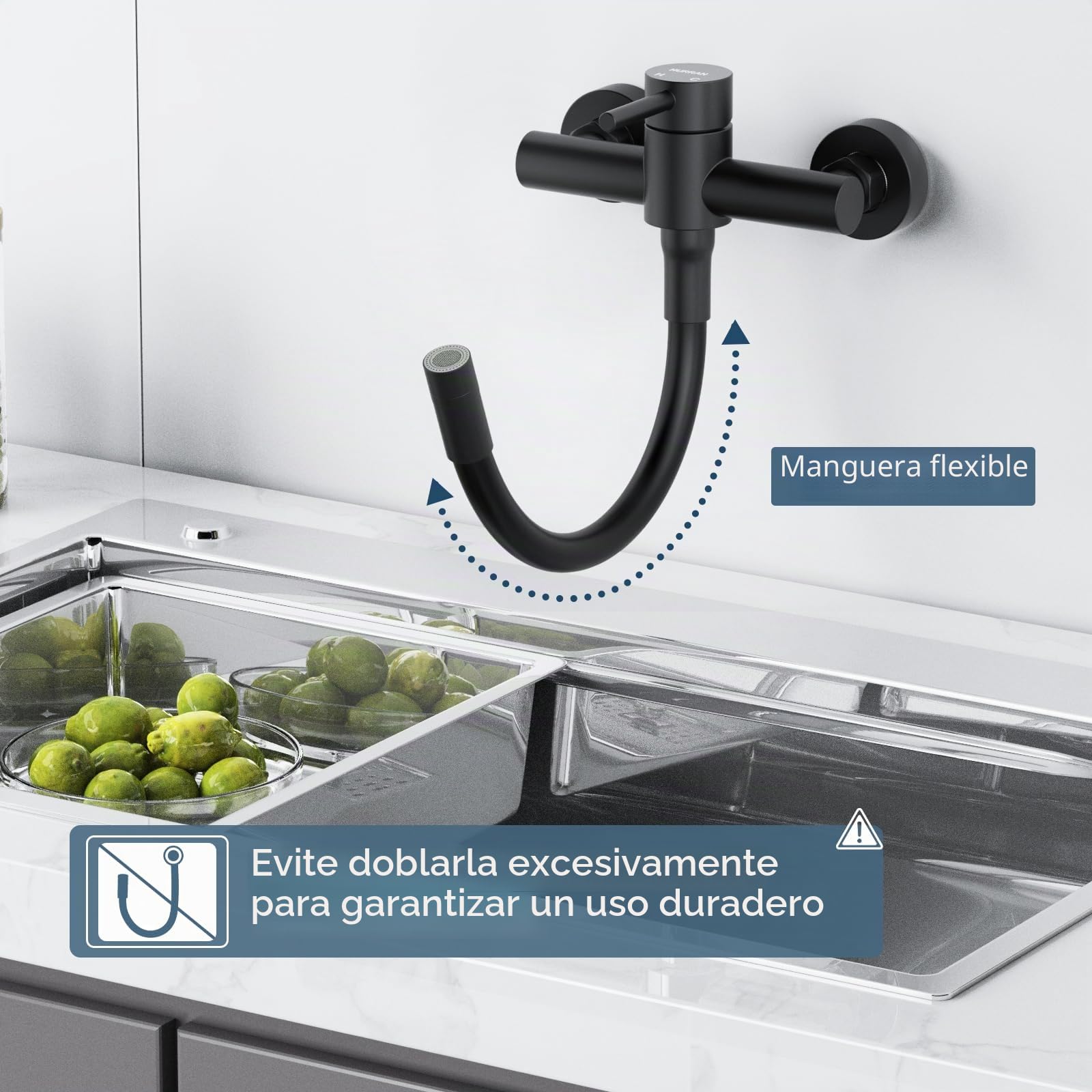 HURRAN Grifo Cocina Pared Negro Mate
