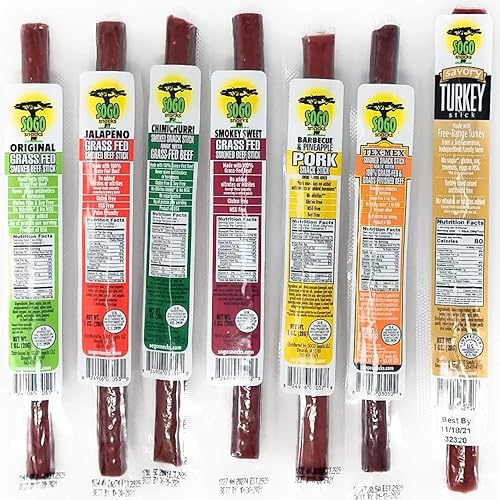 Palitos de carne de 7 sabores variados. Sin nitratos añadidos, gluten, soja, MSG, lácteos, frutos secos. 5 sabores de carne alimentada con pasto, 1