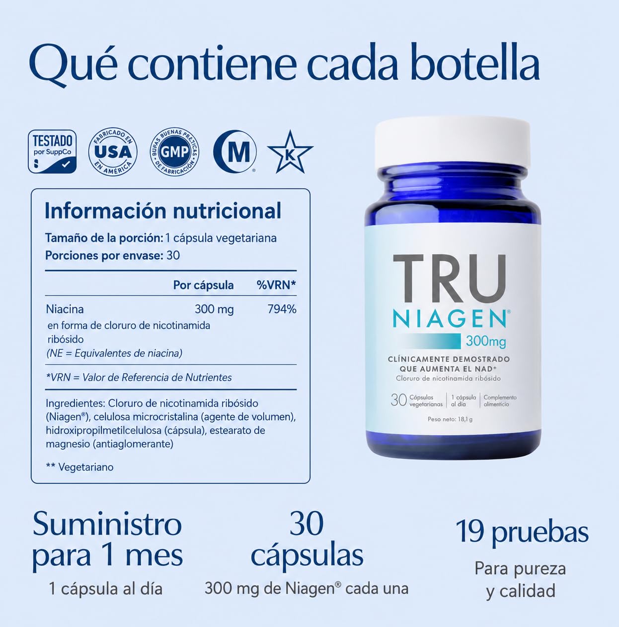 TRU NIAGEN Suplemento NAD+ 300 mg x 30 Cápsulas, 1 al día, 1 mes, 1 frasco | Clínicamente estudiado; Niagen NR contribuye a reducir el cansancio y la fatiga y a generar NAD+