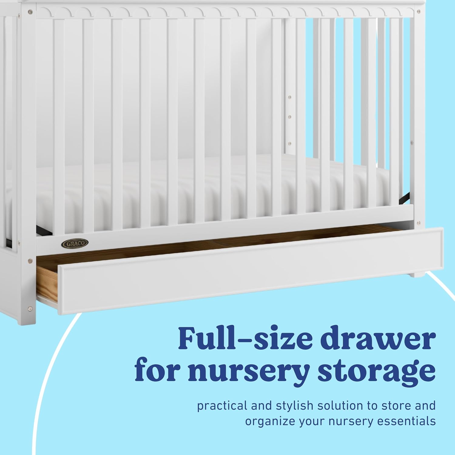 Graco Sasha 5-in-1 Convertible Crib with Drawer – GREENGUARD Gold Certified Wood Crib, Converts to Toddler Bed, Daybed, Full-Size Bed, Stylish Classic Design (White)