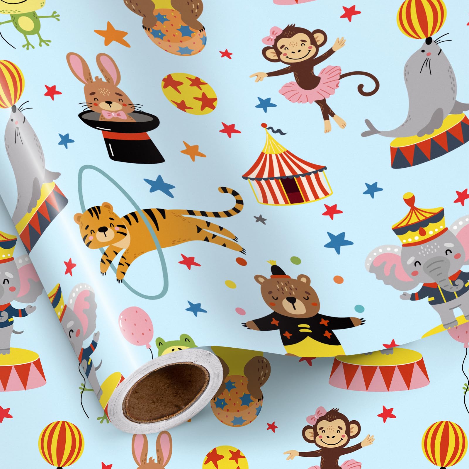 RUSPEPA Circus Wrapping Paper Roll - Cute Elephant/Tiger/Monkey/Seal/Rabbit/Bear Clipart Design, Gift Wrap for Kids Birthday, Baby Shower & Carnival Party, 43.2cm x 5m