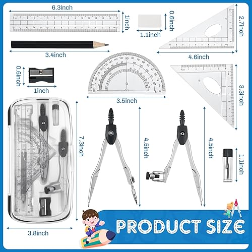 Miniatura 2 de Teling 12 Sets Math Geometry Kit 10 Pcs Compass for Geometry Set Includes Rulers Protractor Eraser Compass Pencil Sharpener Lead Refills Pencil for