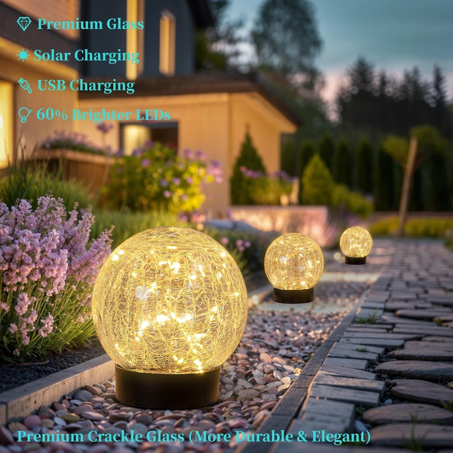 Beautyard Globo solare per esterni, grande, decorazione da giardino, caricata tramite USB, diametro 12 cm, 40 LED, 1000 mAh, luci solari in vetro rotto, a energia solare, per cortile, patio e giardino