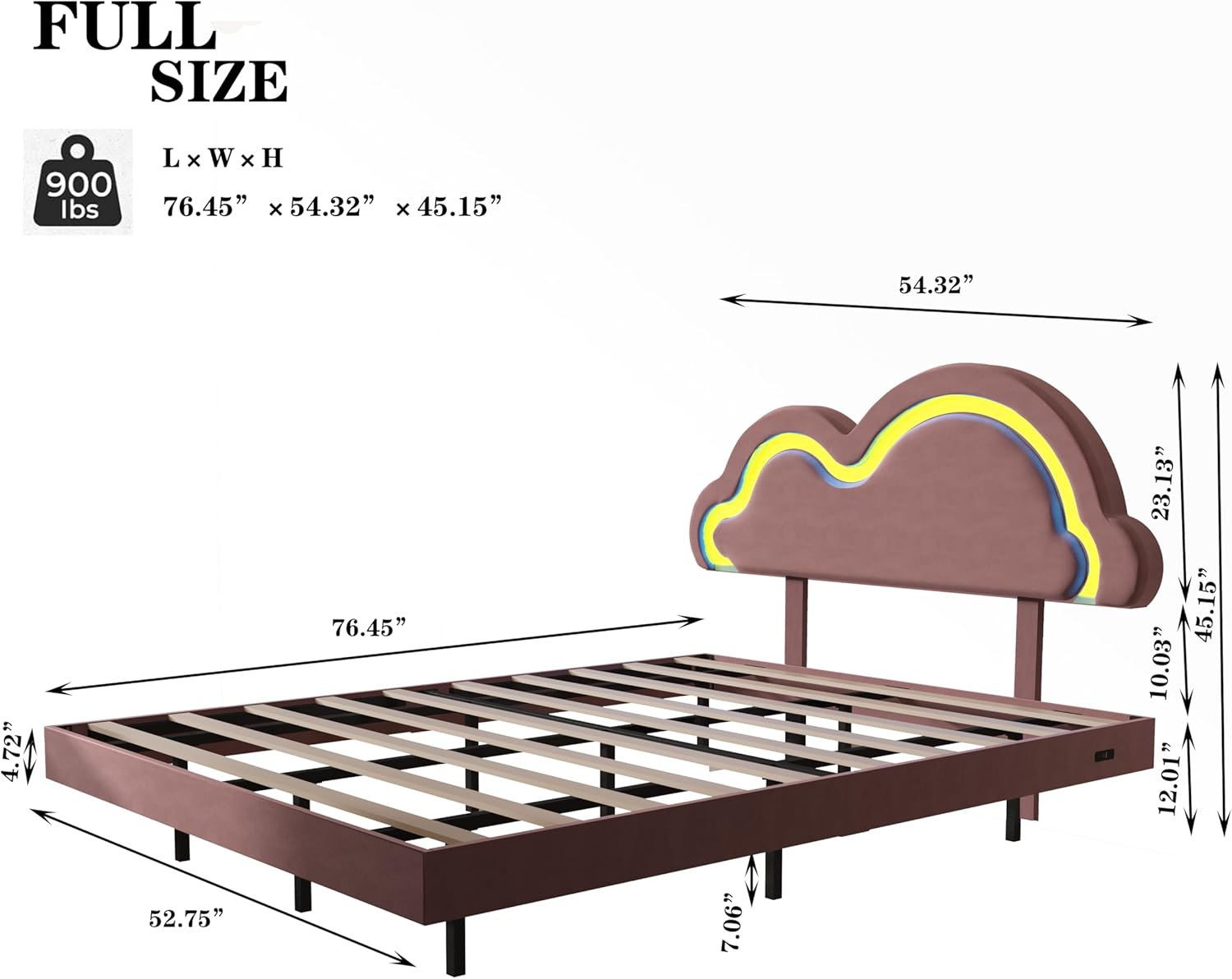 Full Size Bed Frame with Cloud Headboard,Floating Full Bed Frame with Charging Station&LED Lights,Velvet Upholstered Platform Bed Frame for Kids/Girls,Wood slat support,No Box Spring Needed,Pink | Cloud Headboard, Charging Station, LED, Floating Bed Frame, Velvet Upholstered