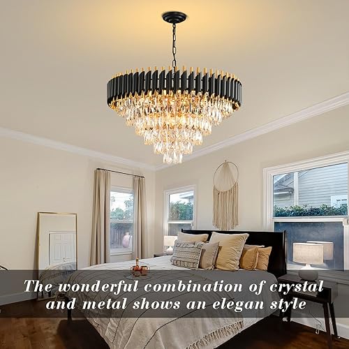 Miniatura 7 de Candelabros modernos de cristal para comedor, 15 luces, color negro y dorado, para sala de estar, redondos, 6 niveles, contemporáneos, lámpara