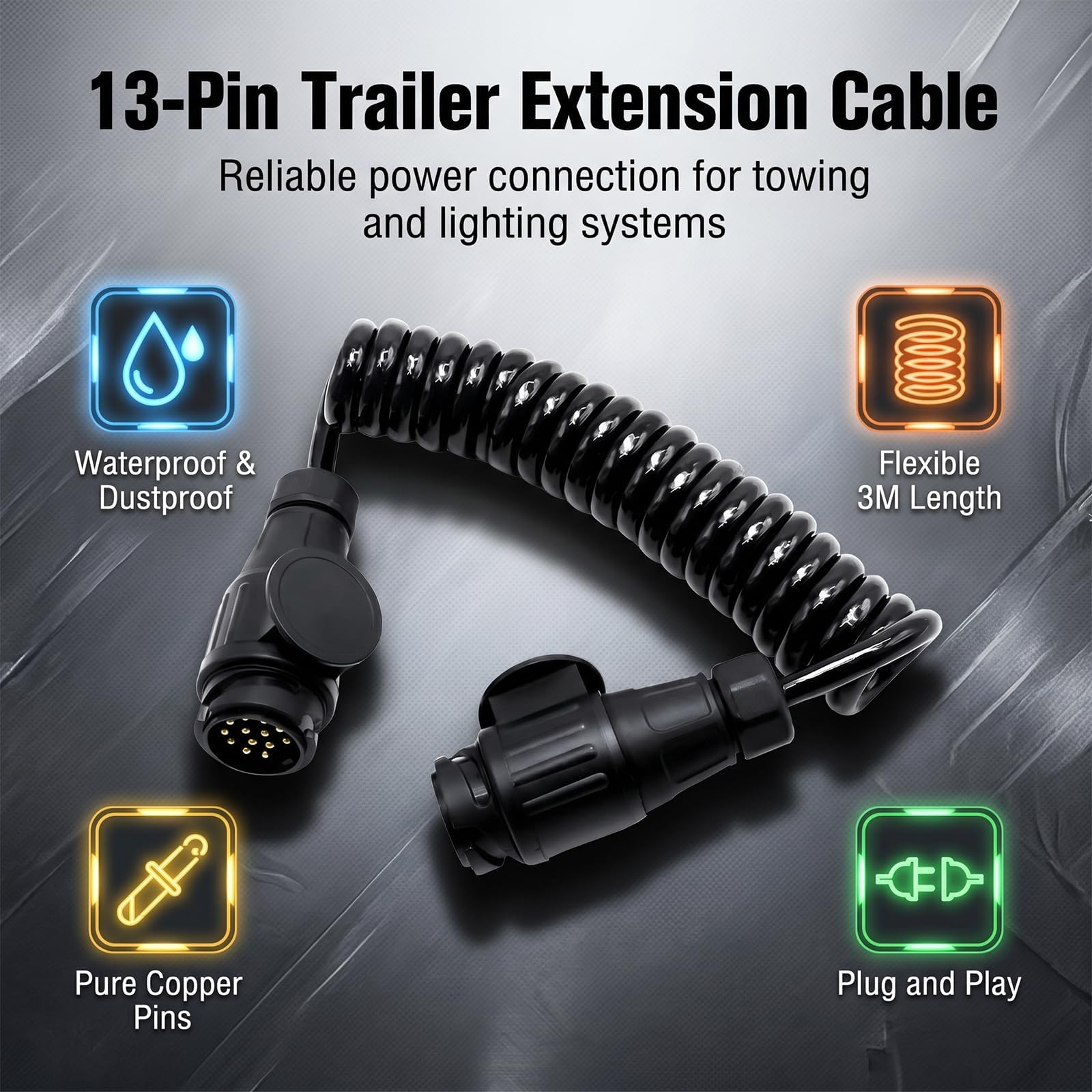 Hoypeyfiy Cable de extensión flexible 3M para remolque, conector macho a macho de 13 pines, compatible con remolques, barcos, caravanas, coches y tractores