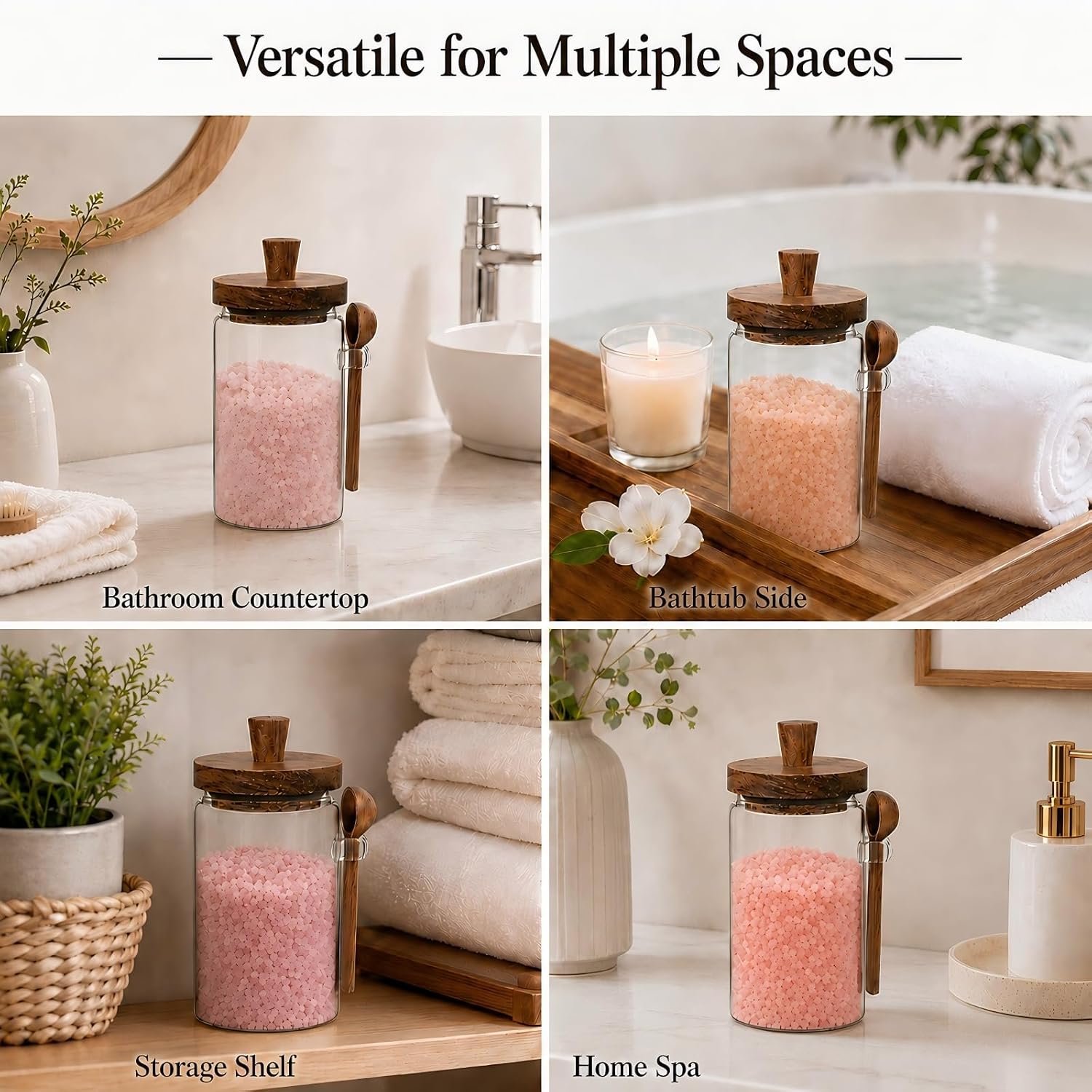 30oz Bath Salt Container with Wooden Lid & Spoon Bathroom Storage | Large Capacity Transparent Glass Storage for Bathroom, Kitchen