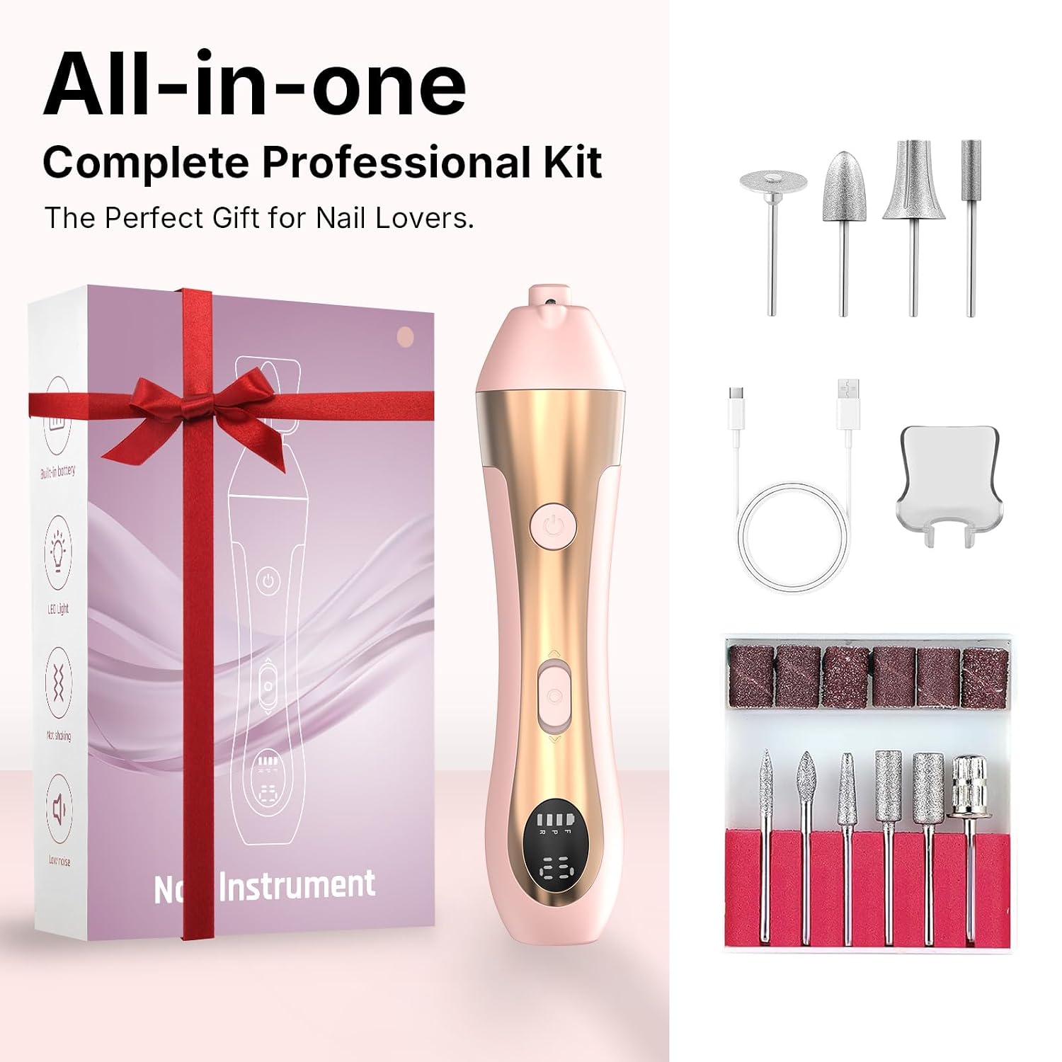 Nail Drill with LED Display ,Manicure Pedicure 10-Speed Cordless Electric Nails File,Rechargeable,10 in 1 Nail Drill Professional Ideal for Home, Beginners,Women