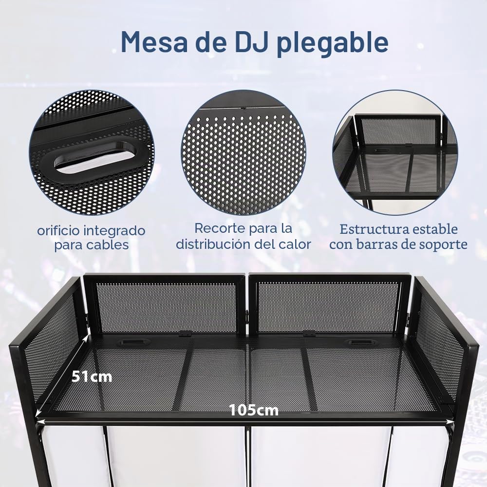 SMONTER mesa DJ plegable móvil y abatible, cabina de DJ con revestimiento negro y blanco, soporte de DJ ajustable en altura y cabina de DJ (105 cm L x 51 cm A x 117 cm H), equipo de DJ para
