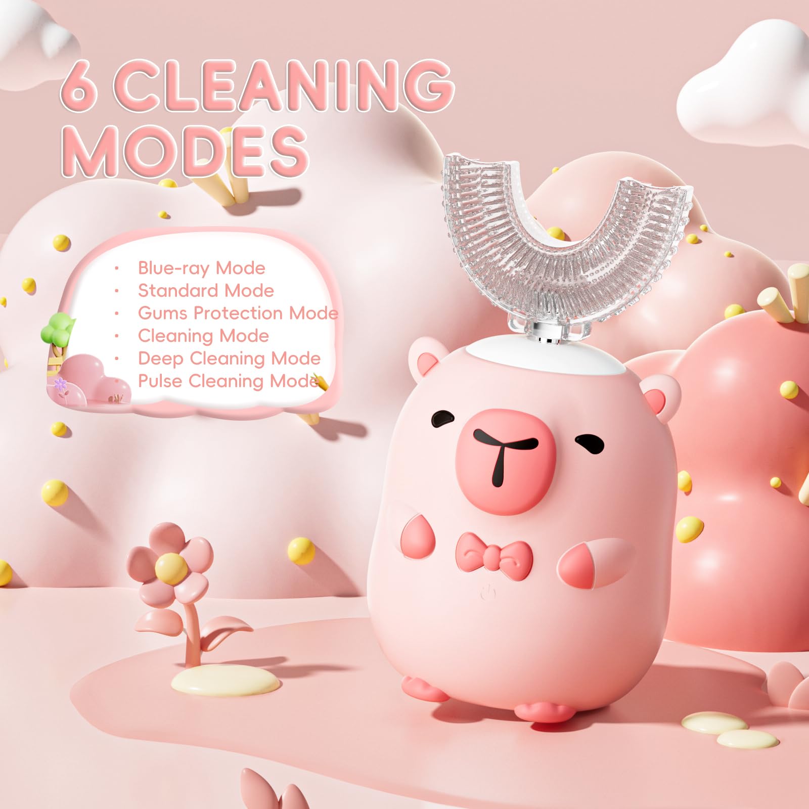 Spazzolino elettrico per bambini a forma di U - Cartoon Capybara con 6 testine | Spazzolino da denti automatico per bambini con grado di pulizia completa della bocca con IPX7 impermeabile (rosa, 2-14 anni)
