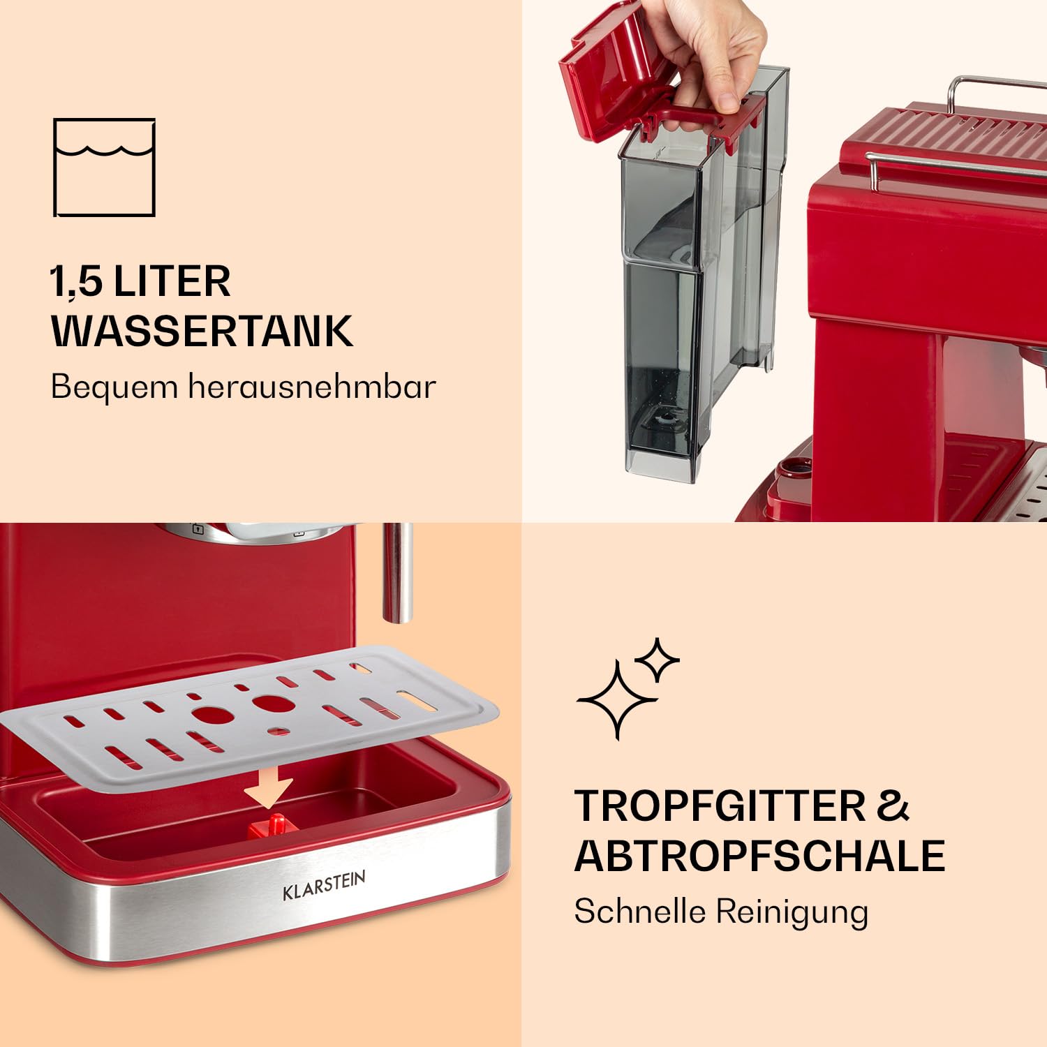 Klarstein Gusto Classico Espressomaker, 1350 W, Espressomaschine mit 20 Bar Druck, Siebträgermaschine, abnehmbares Tropfgitter aus Edelstahl, Siebträger Kaffeemaschine, Volumen Wassertank: 1,5 L, rot