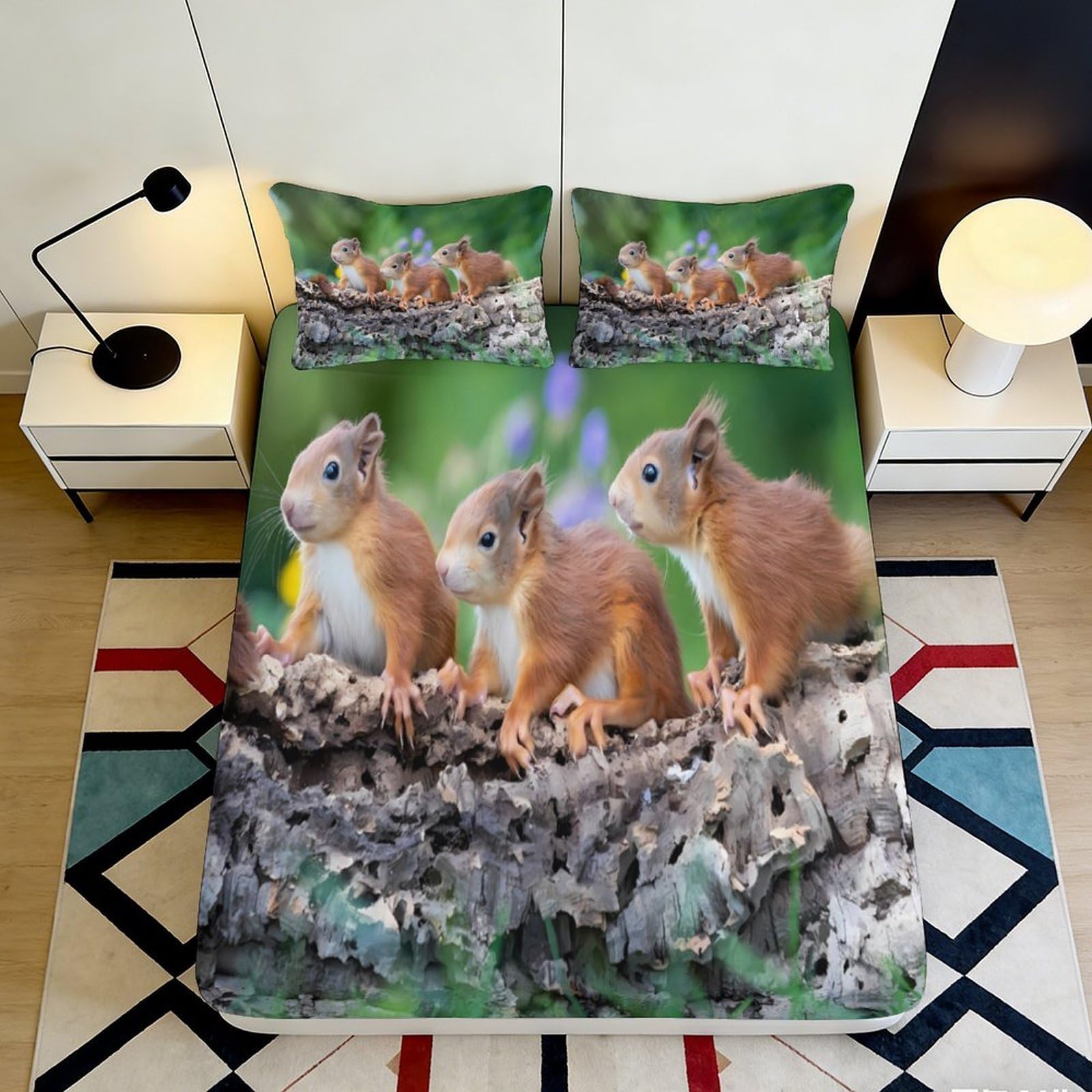 3D Printed Cute Squirrel Forest Fitted Sheet Microfiber Soft Anti-Slip Animal Mattress Cover for Bedroom Guest Room Decor 90x200x25cm