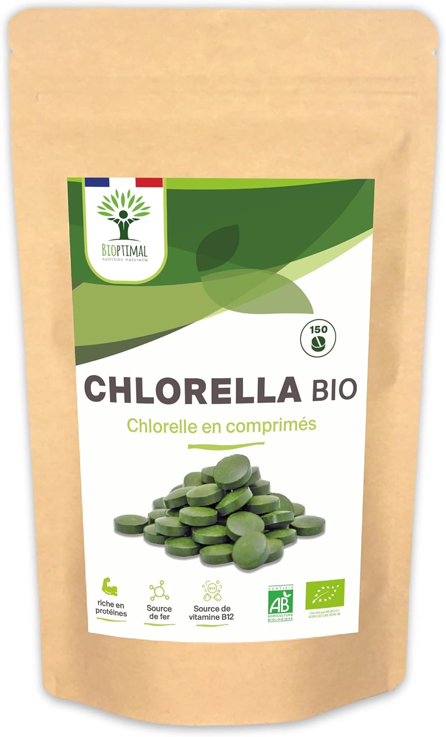 Organic Chlorella Bioptimal Food Supplement Protein Vitamin B12 Pure Chlorella Powder Cold Compressed 500 mg / Tablet Packaged in France Ecocert Certified 150 Tablets