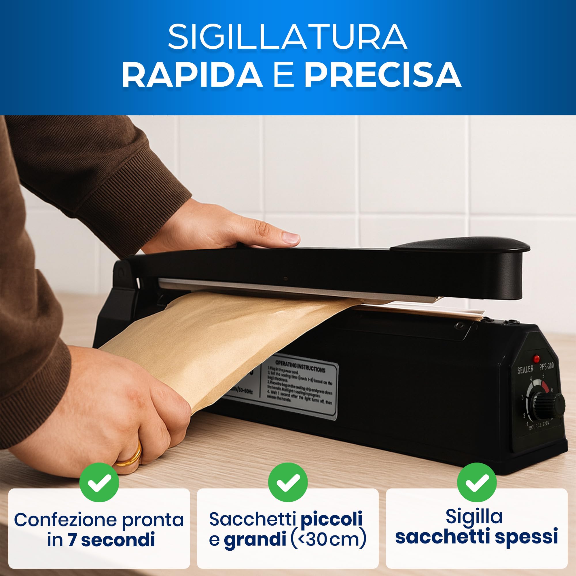 Sigillatrice Termica per Sacchetti - Macchina per Sigillare Sacchetti Alimentari, Imballaggio Termico, Portatile, Alta Produzione, Ampiezza 300 mm, Consumo Ridotto